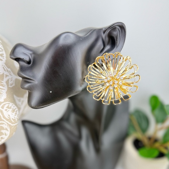 Statement Gold Flower Earrings with Cubic Zirconia – Bold Bloom Design - Picture 6 of 10